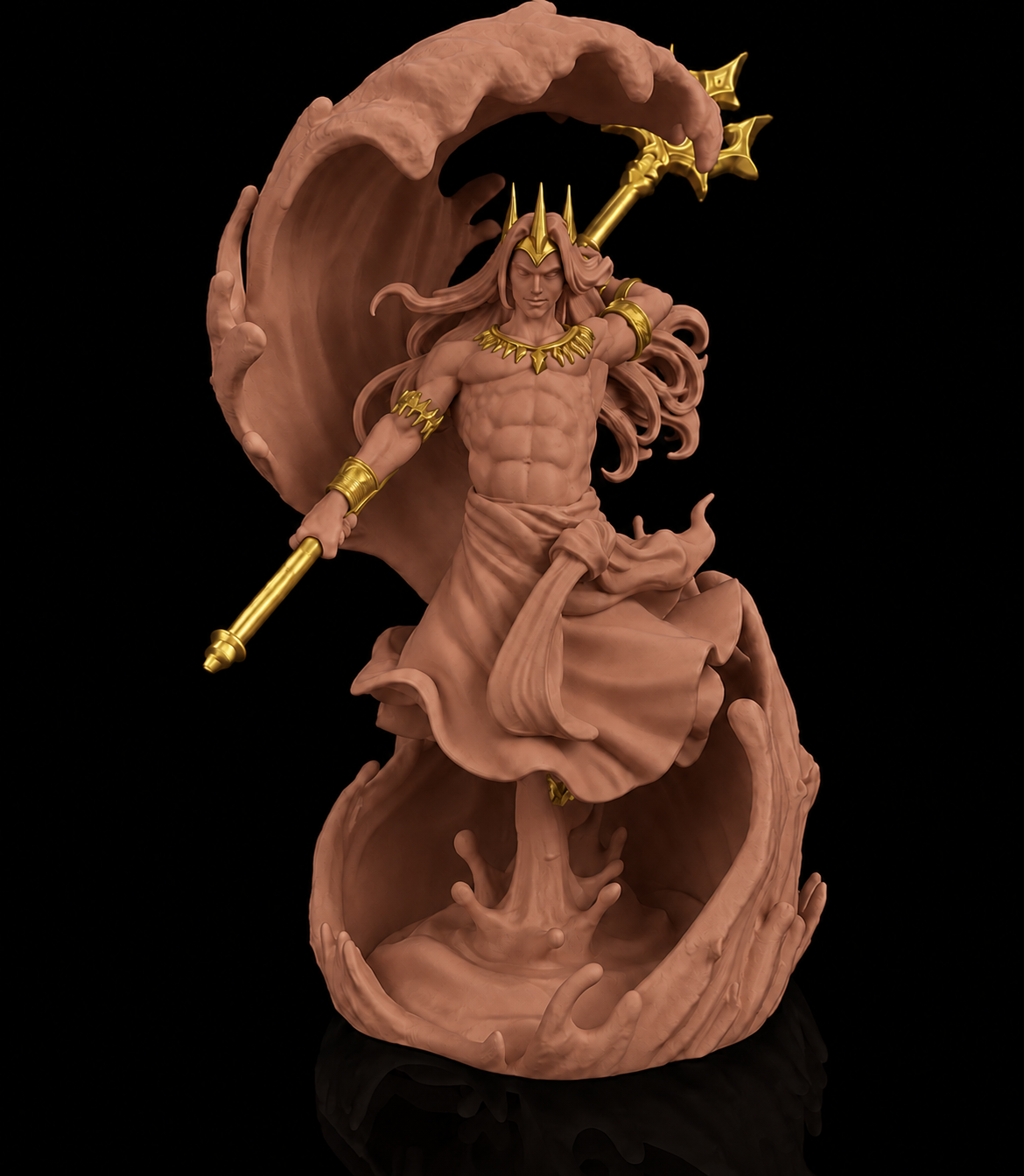Escultura de Poseidon, deus dos mares, empunhando o tridente, na cor marrom terracota, com detalhes dourados