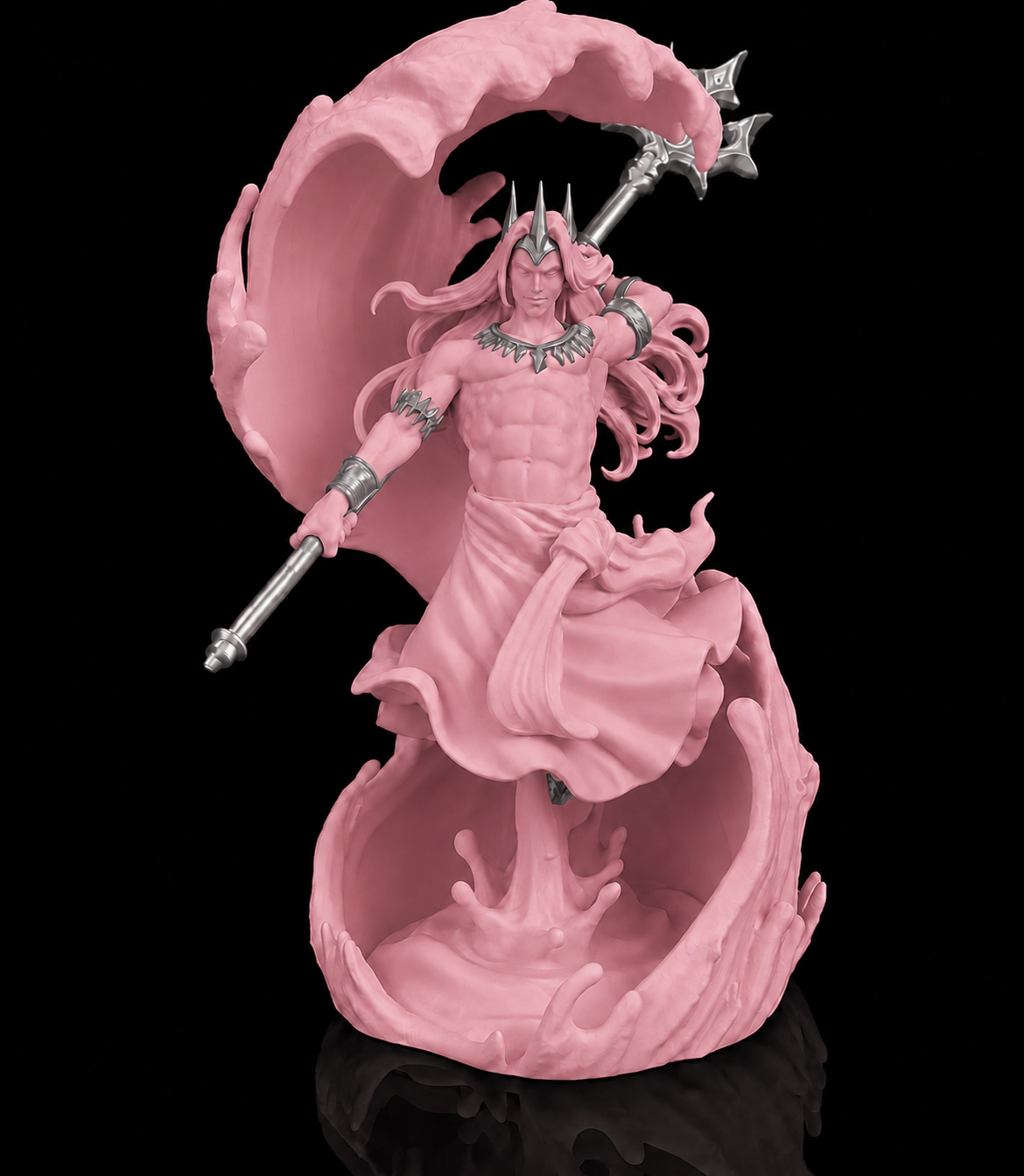 Escultura de Poseidon, deus dos mares, empunhando o tridente, na cor rosa, com detalhes prateados