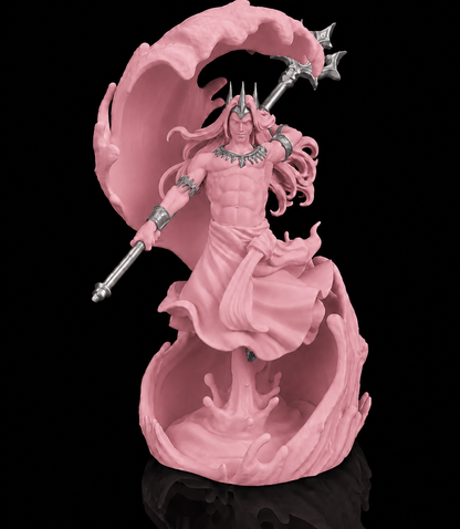 Escultura de Poseidon, deus dos mares, empunhando o tridente, na cor rosa, com detalhes prateados
