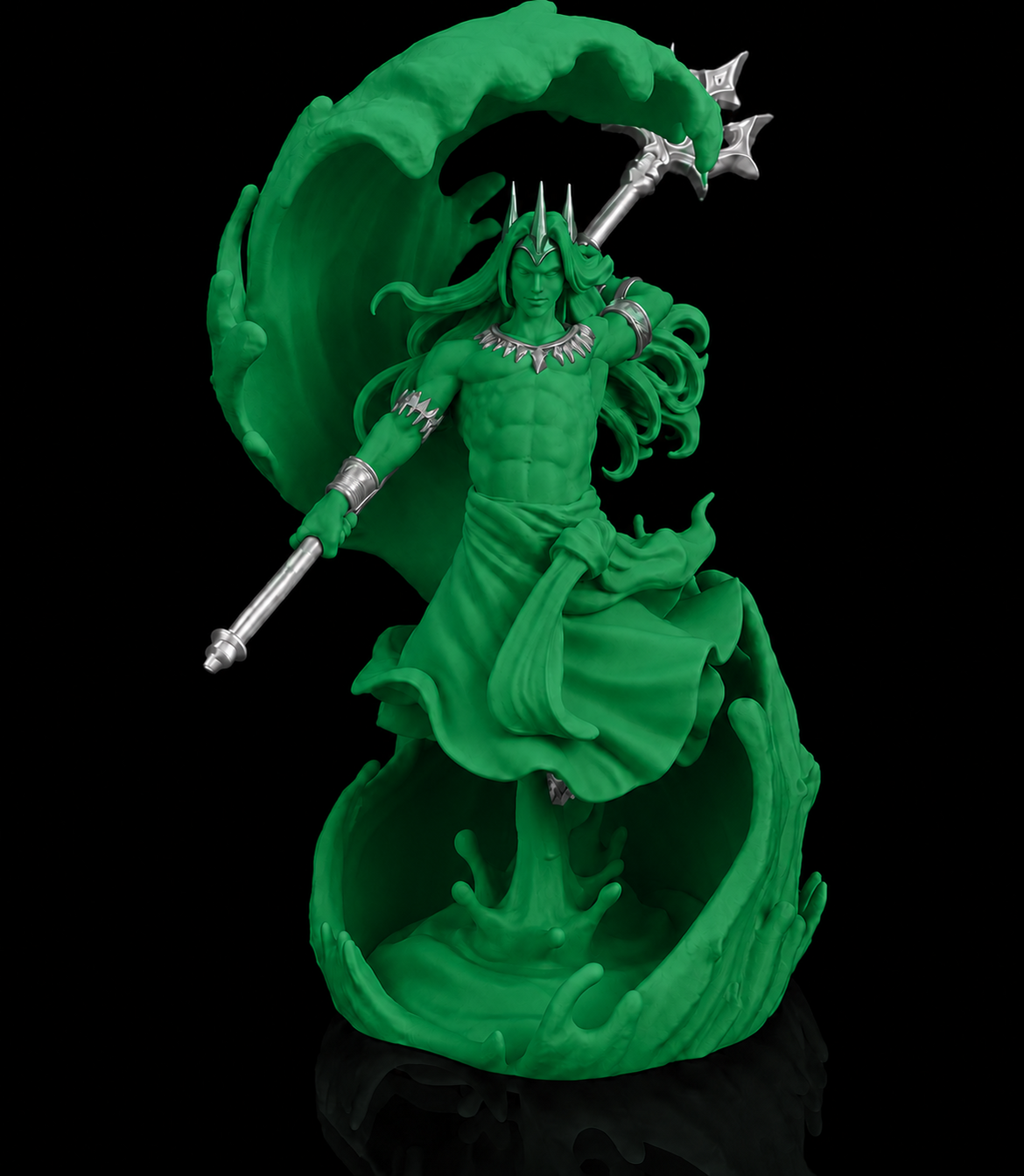 Escultura de Poseidon, deus dos mares, empunhando o tridente, na cor verde, com detalhes prateados