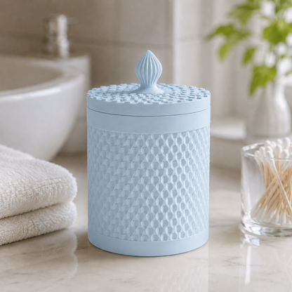 Pote organizador com tampa e corpo canelado, na cor azul-celeste