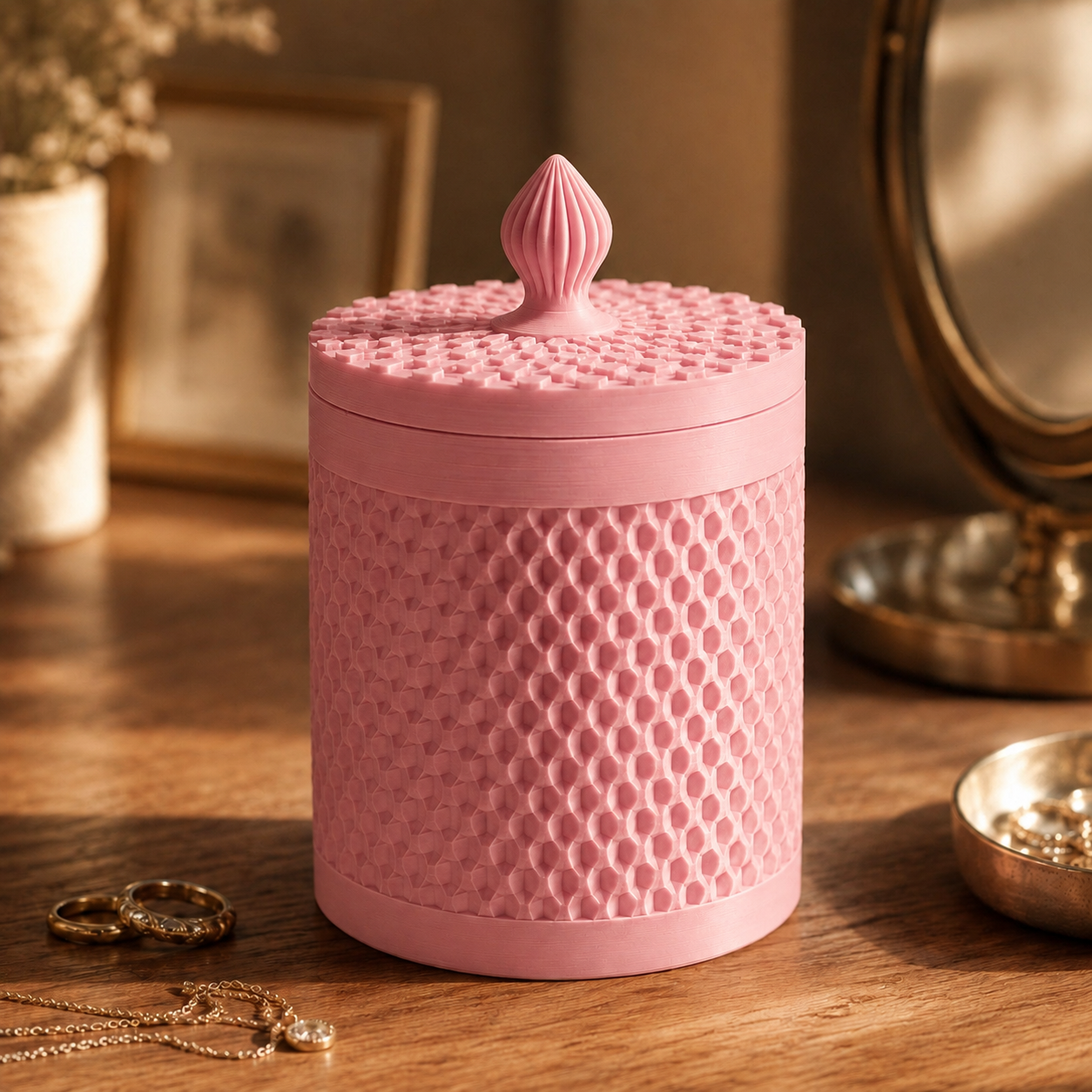 Pote organizador com tampa e corpo canelado, na cor rosa