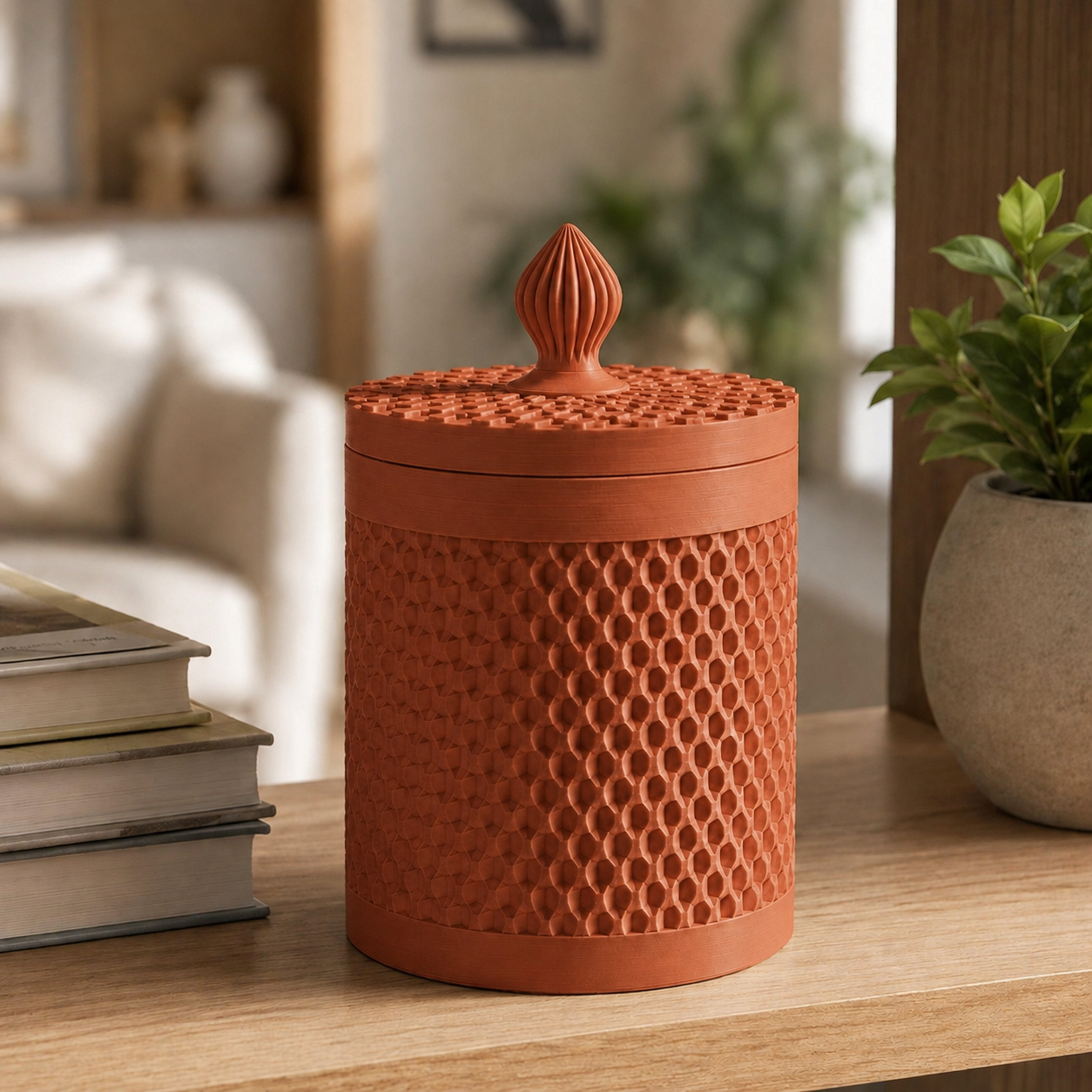 Pote organizador com tampa e corpo canelado, na cor marrom terracota