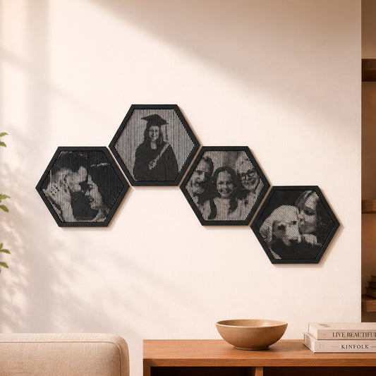 Quadro personalizado com foto em efeito meio-tom de hexágonos