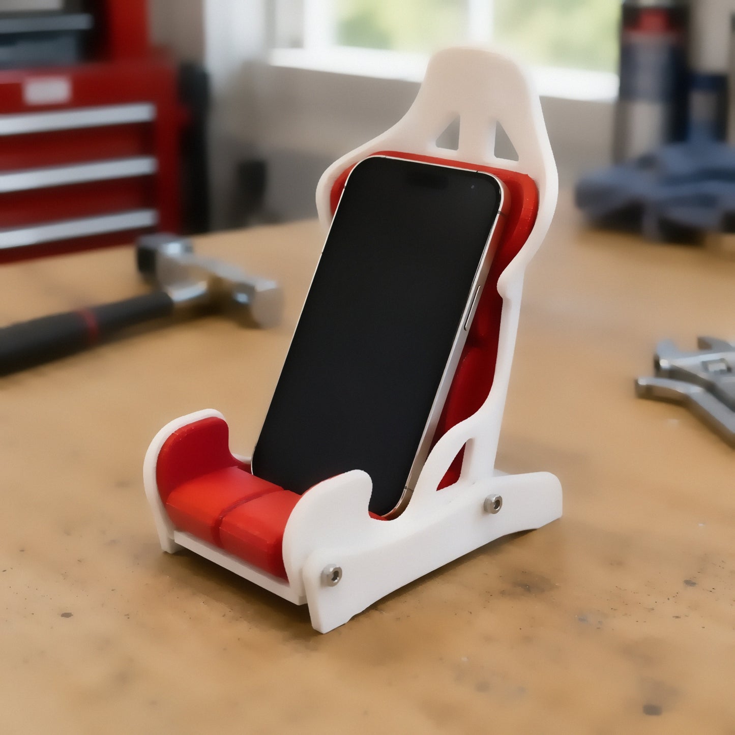 Suporte de celular banco de corrida branco e vermelho na bancada