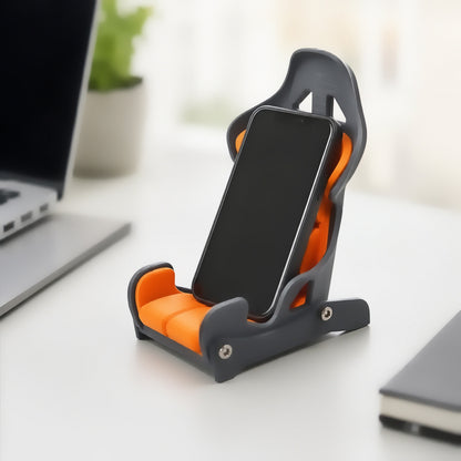 Suporte de celular banco de corrida cinza e laranja na mesa moderna