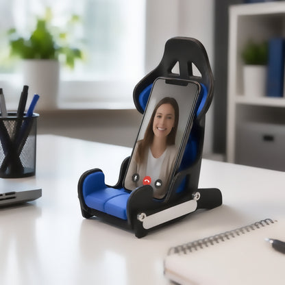 Suporte de celular banco de corrida preto e azul na mesa de escritório