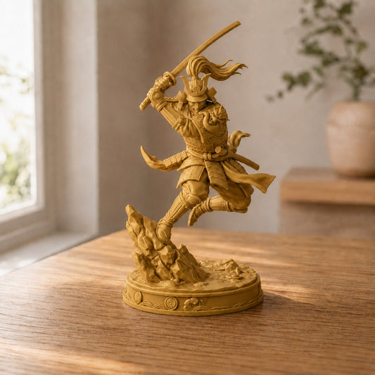 Estátua Samurai em pose de ação - mostarda