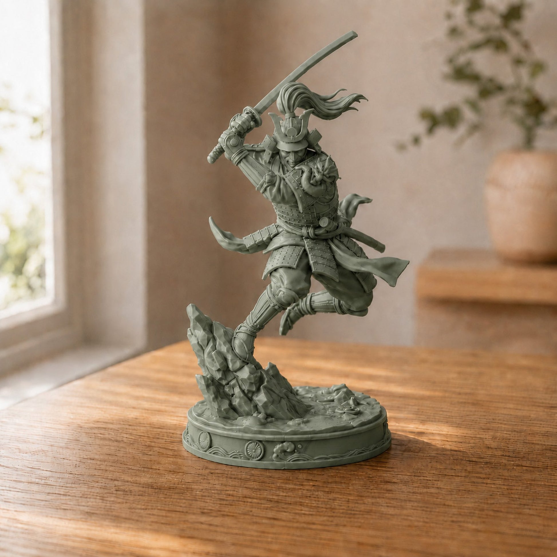 Estátua Samurai em pose de ação - verde sage