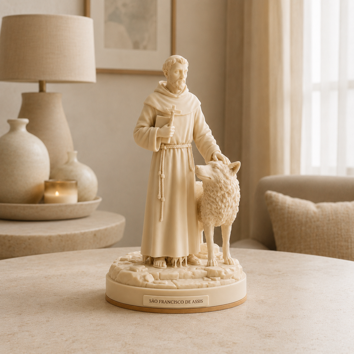 São Francisco e o Lobo — escultura na cor Bege