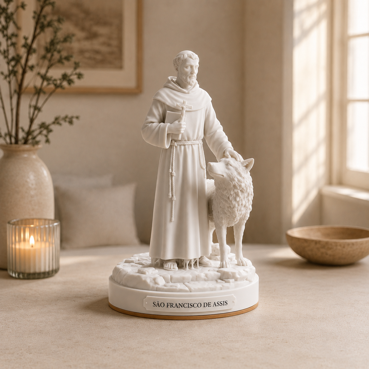 São Francisco e o Lobo — escultura na cor Branco
