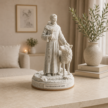 São Francisco e o Lobo — escultura na cor Mármore