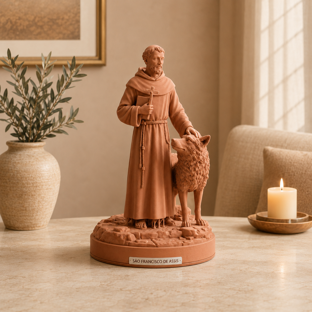 São Francisco e o Lobo — escultura na cor Marrom Terracota