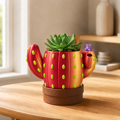 Sedento — Vermelho e Dourado — Vaso cacto sinalizador de rega