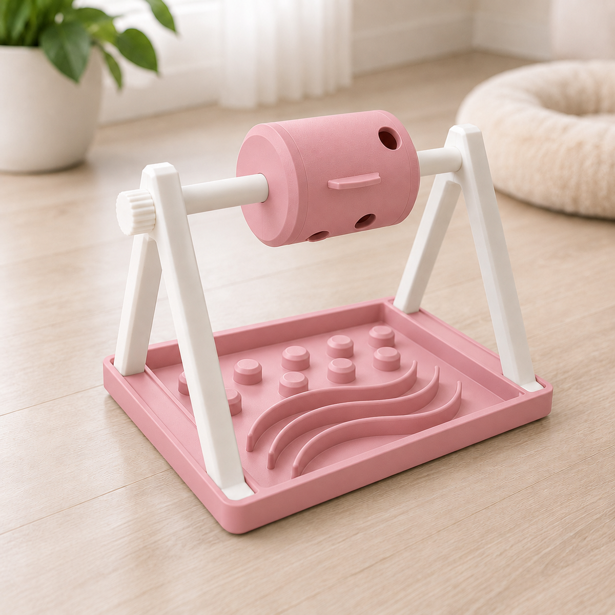 Snacky — Tambor e bandeja Rosa com estrutura branca