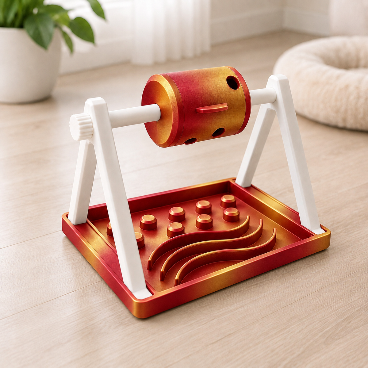 Snacky — Vermelho e Dourado Silk, tambor e bandeja com estrutura branca