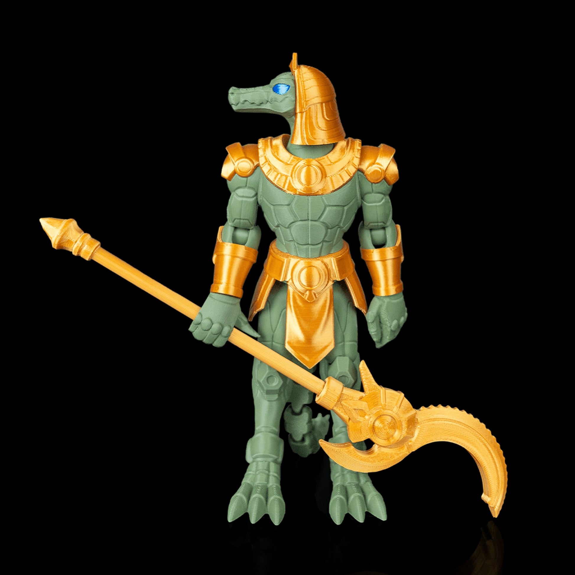 Sobek Mecha — boneco articulado do deus egípcio do Nilo com alabarda