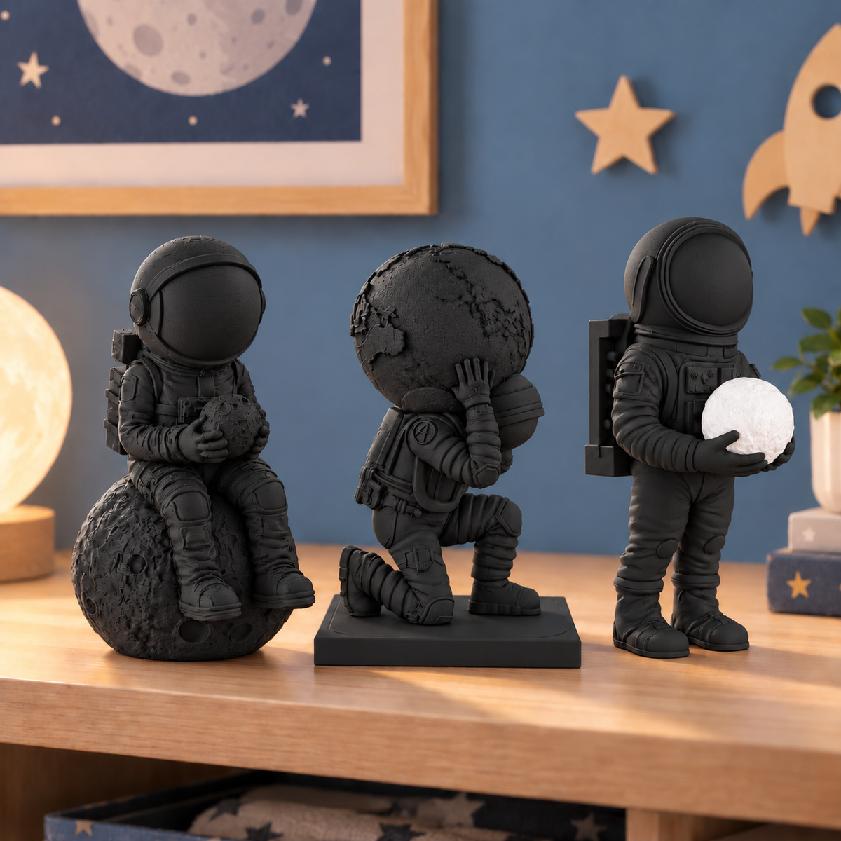 Trio de astronautas decorativos na cor Preto Fosco