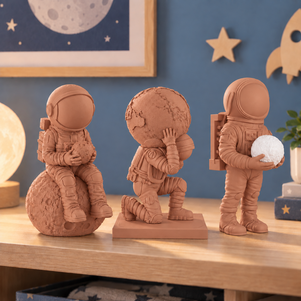 Trio de astronautas decorativos na cor Terracota