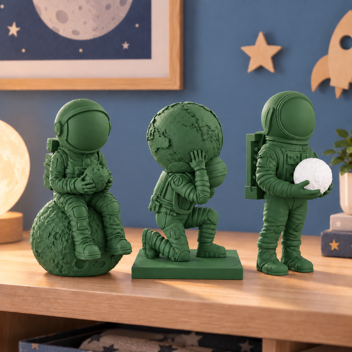 Trio de astronautas decorativos na cor Verde Holly Green