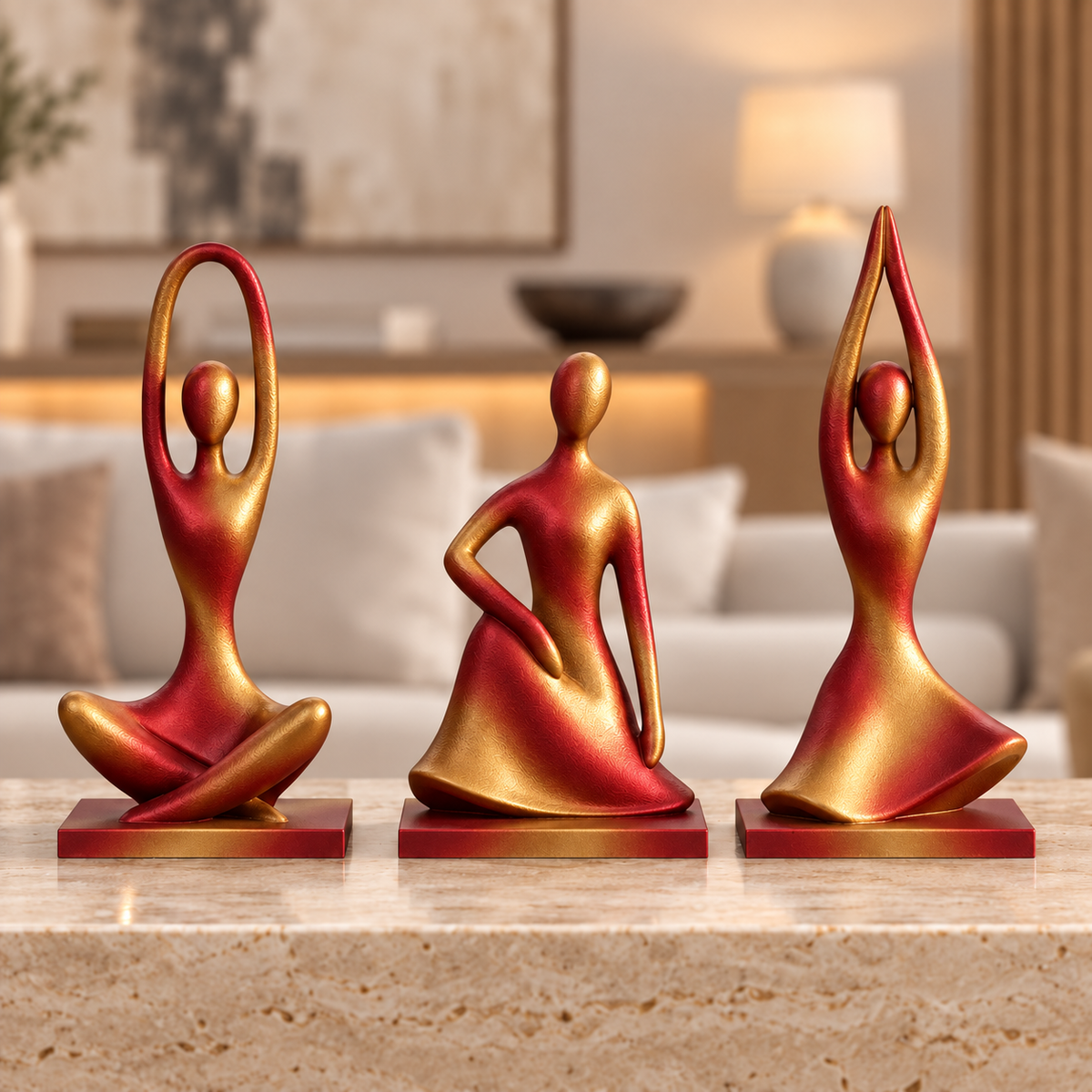Trio Essência na cor Vermelho e Dourado em ambiente moderno e aconchegante