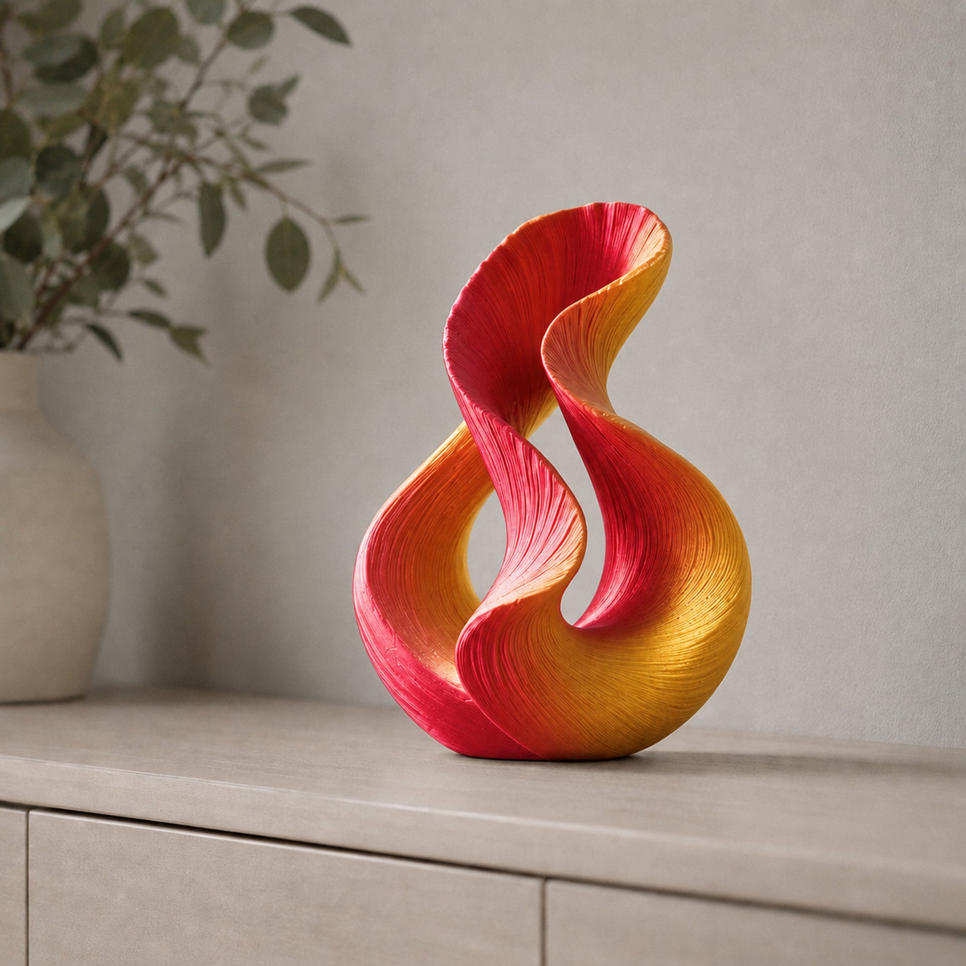 Escultura decorativa com duas curvas entrelaçadas, na cor vermelha e dourada