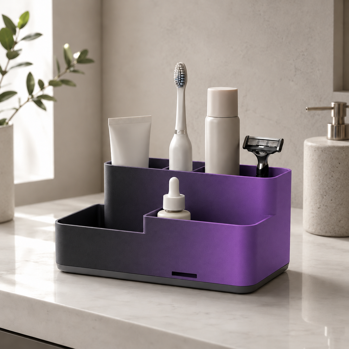 Vanità — Preto e Roxo — Organizador autodrenante