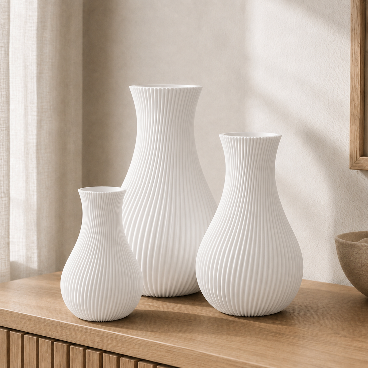 Cannelé — conjunto com vasos grande 25 cm, médio 20 cm e pequeno 15 cm na cor Branco