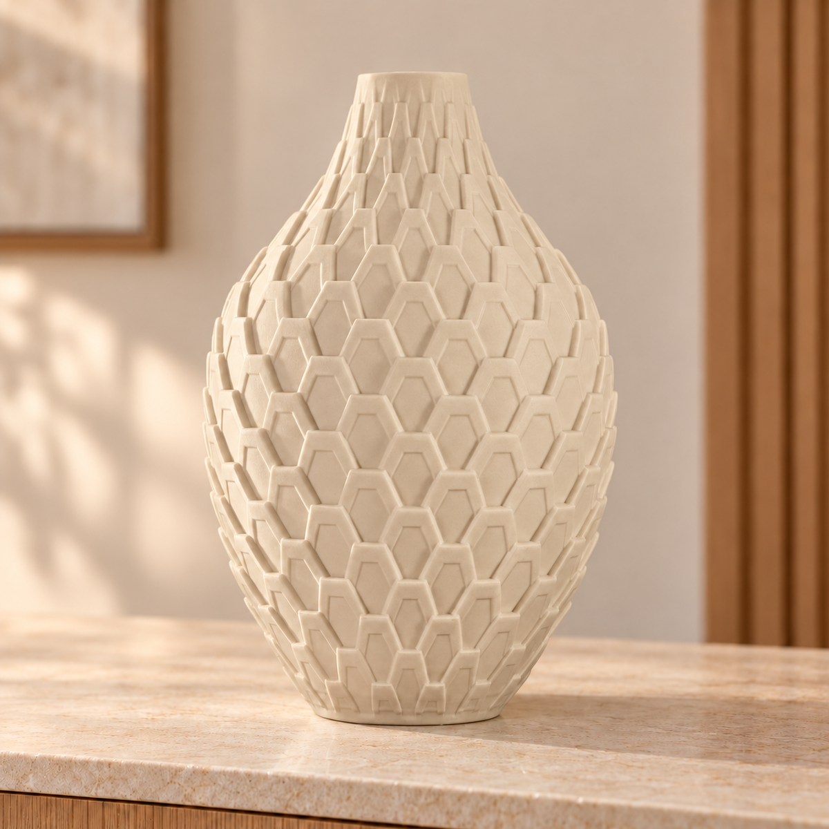 Vaso Colmeia — Geometria em Alto-Relevo na cor Bege