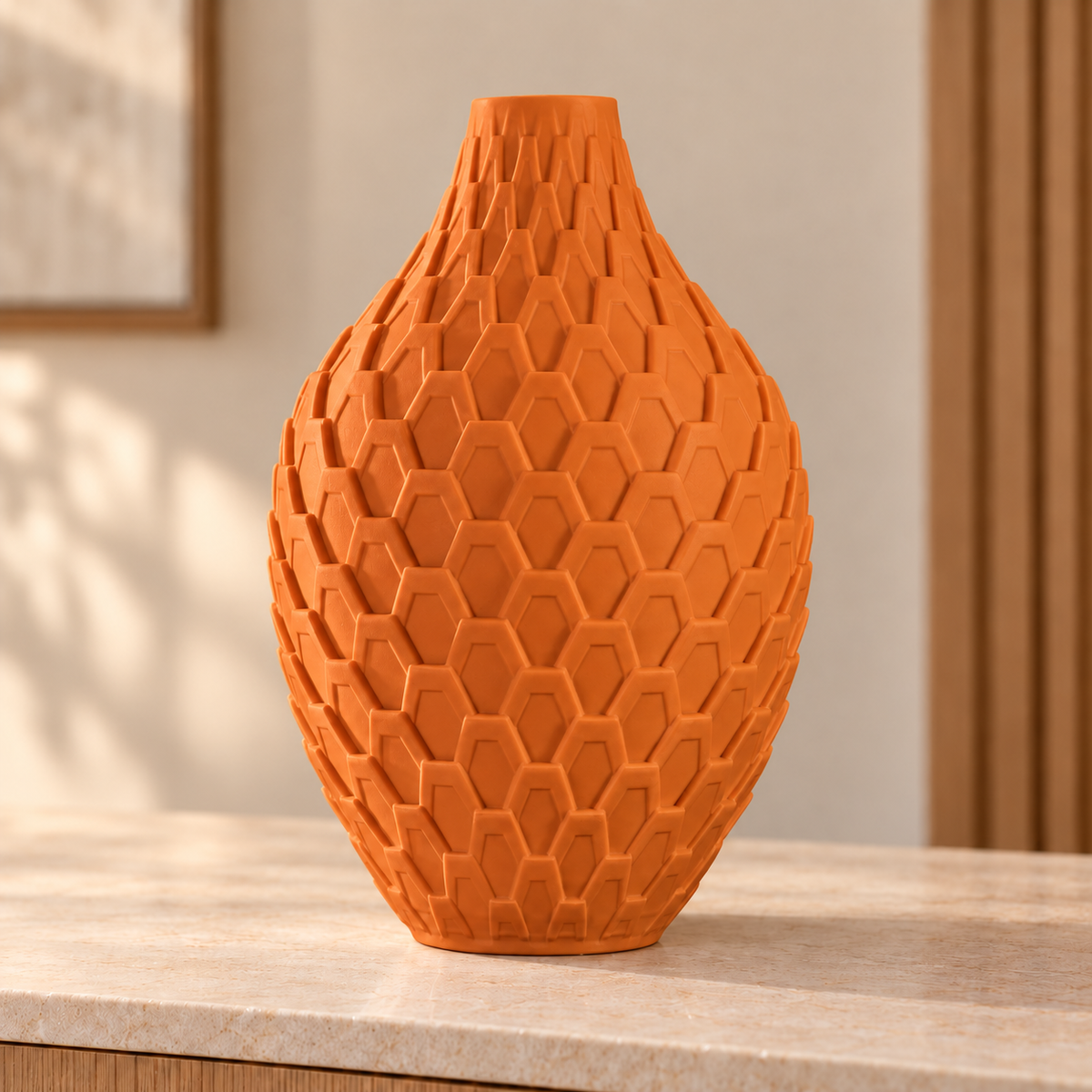 Vaso Colmeia — Geometria em Alto-Relevo na cor Laranja
