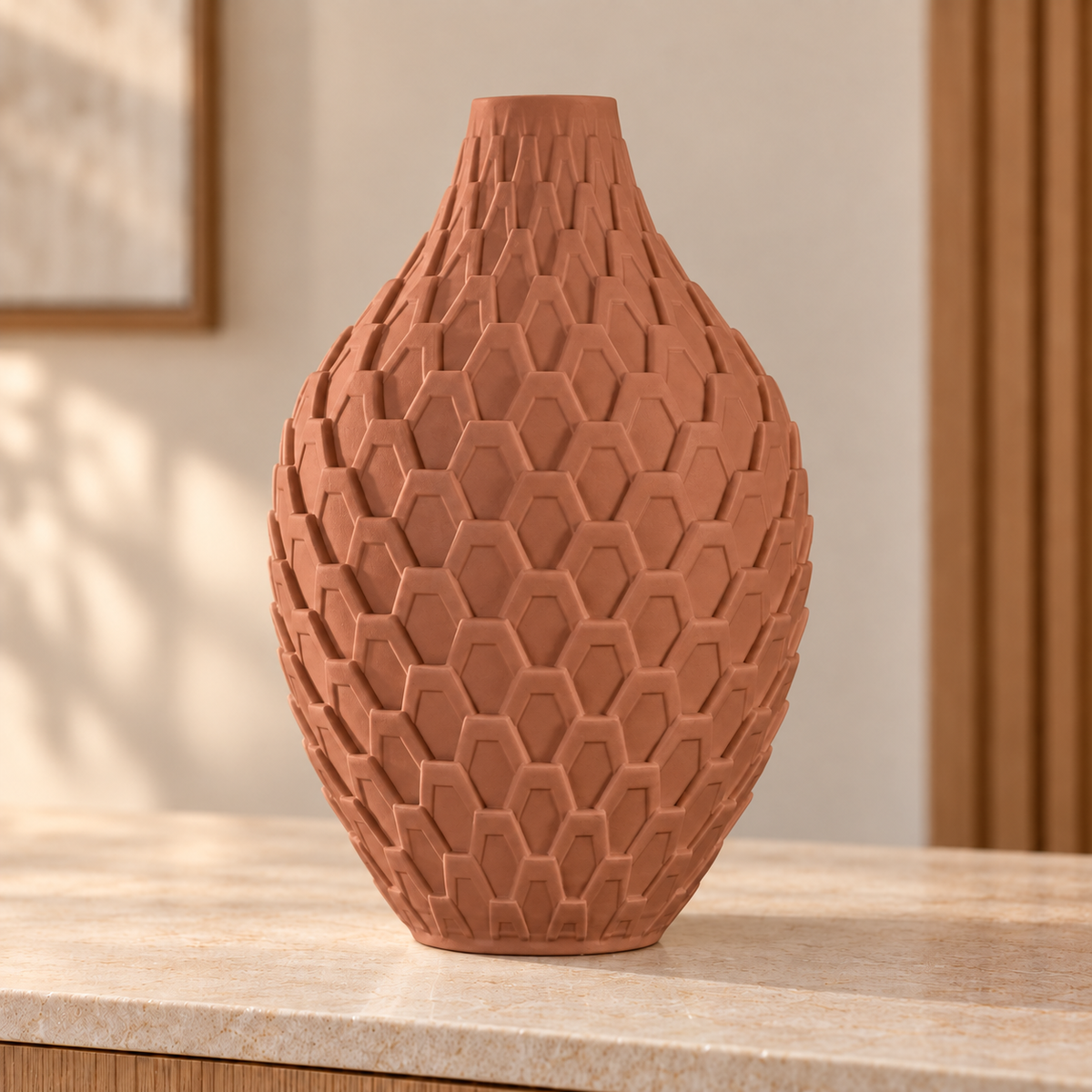 Vaso Colmeia — Geometria em Alto-Relevo na cor Marrom Terracota