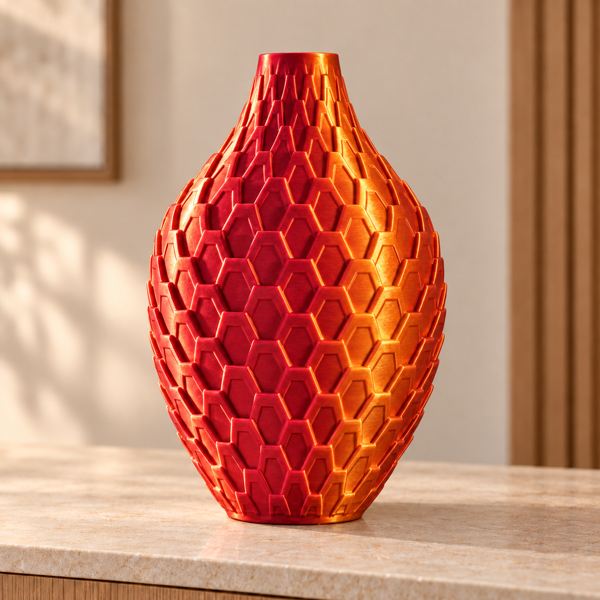 Vaso Colmeia — Geometria em Alto-Relevo na cor Vermelho e Dourado