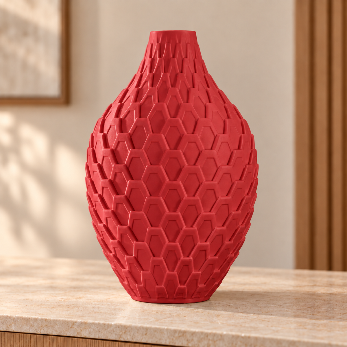 Vaso Colmeia — Geometria em Alto-Relevo na cor Vermelho