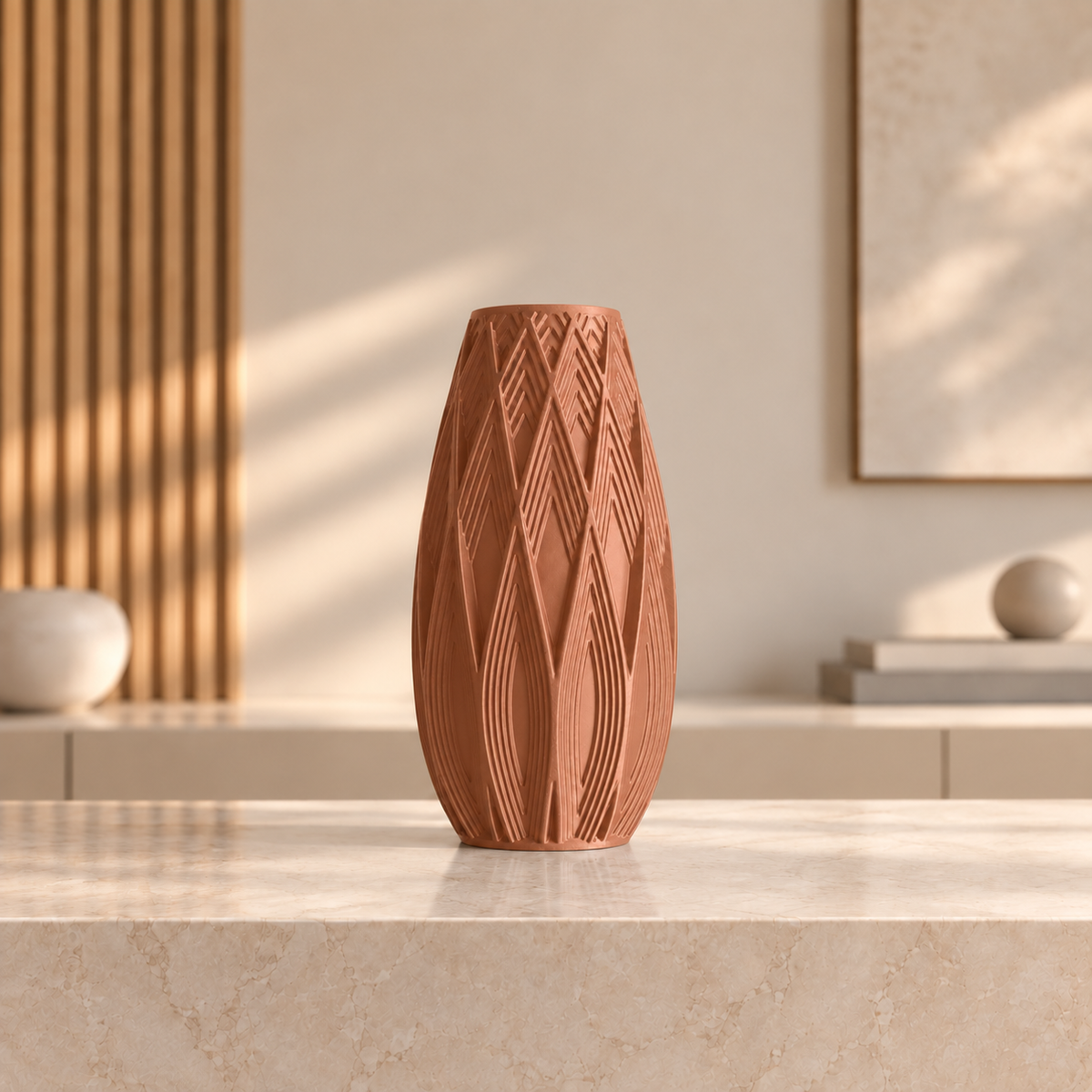 Vaso Traços — Design Geométrico em Alto-Relevo na cor Marrom Terracota