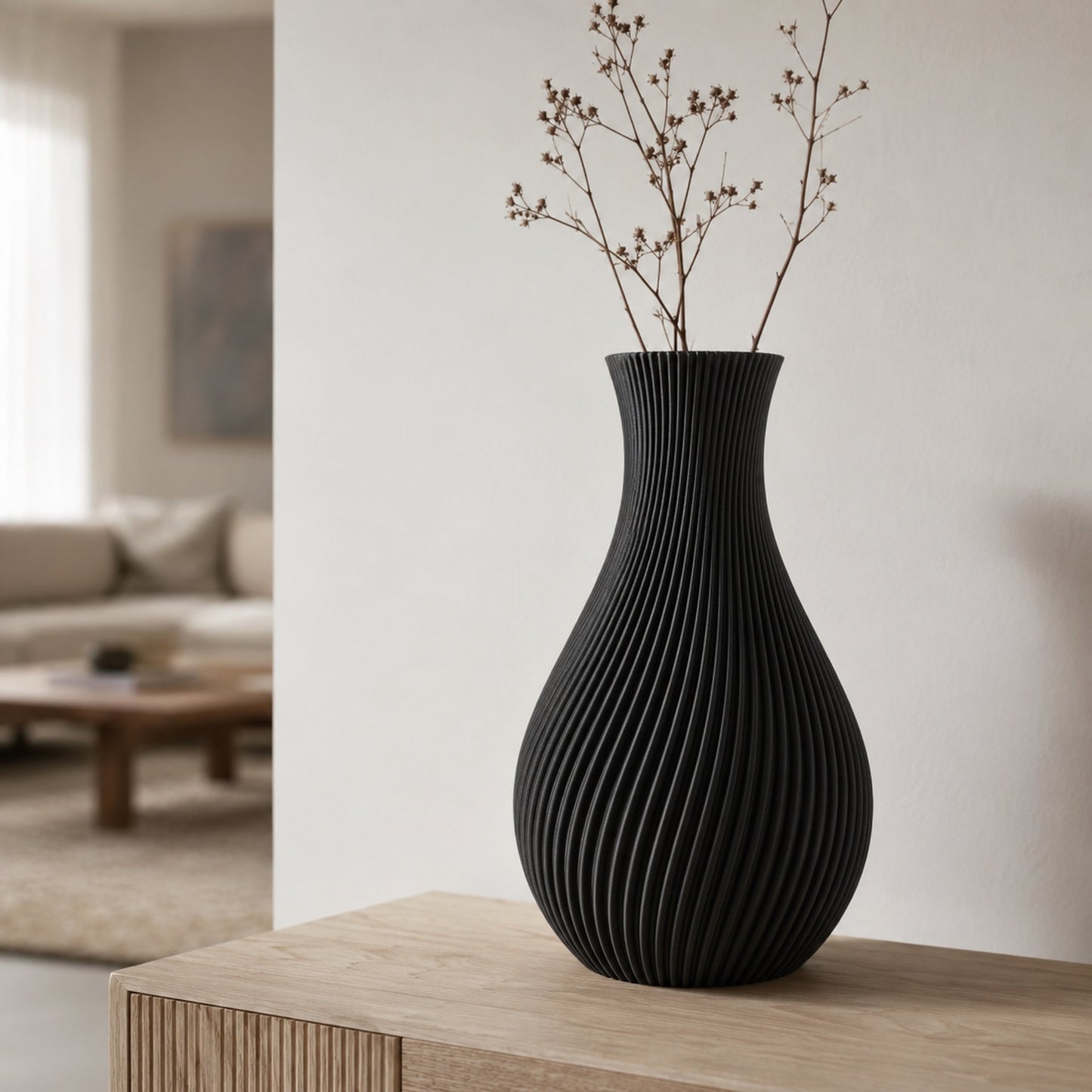 Vaso Japandi preto fosco em aparador de sala minimalista