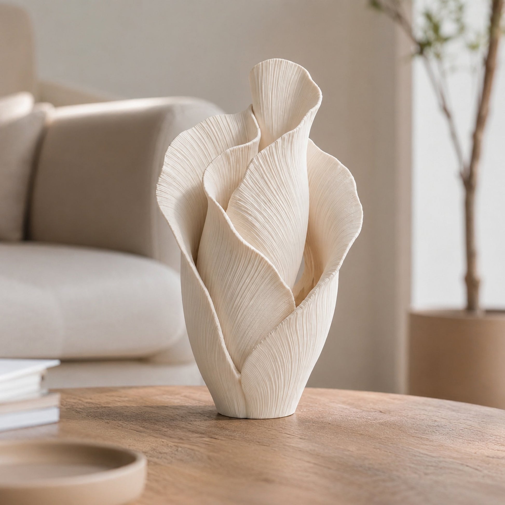 Escultura Veil Petal creme na mesa de centro
