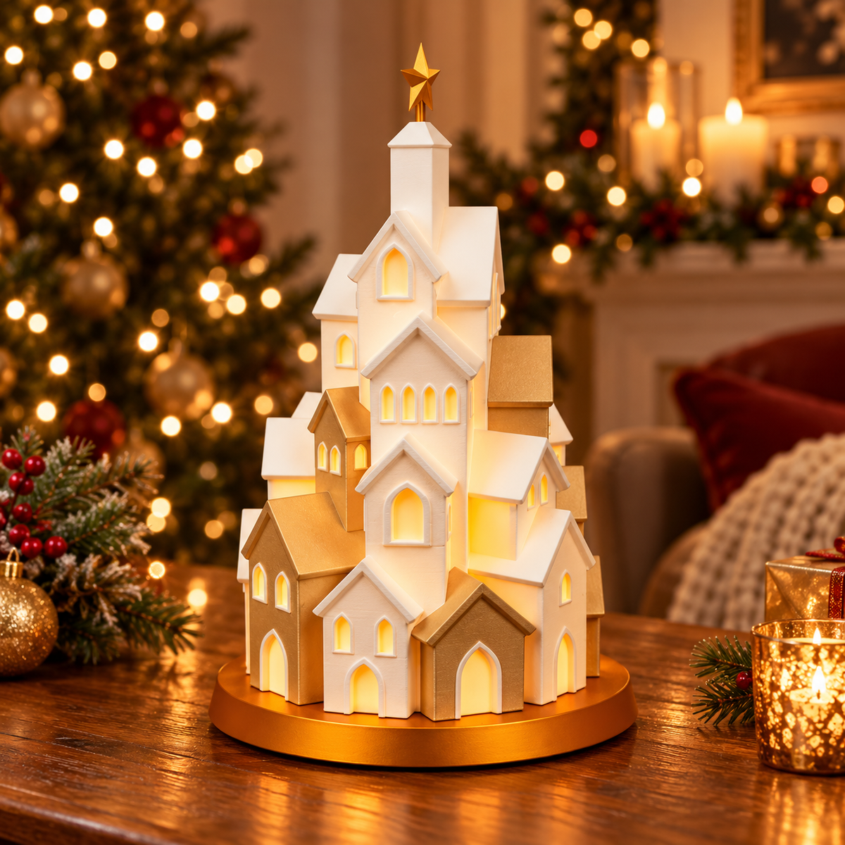 Vila Natalina Iluminada - Branco com Dourado - cenário natalino padronizado