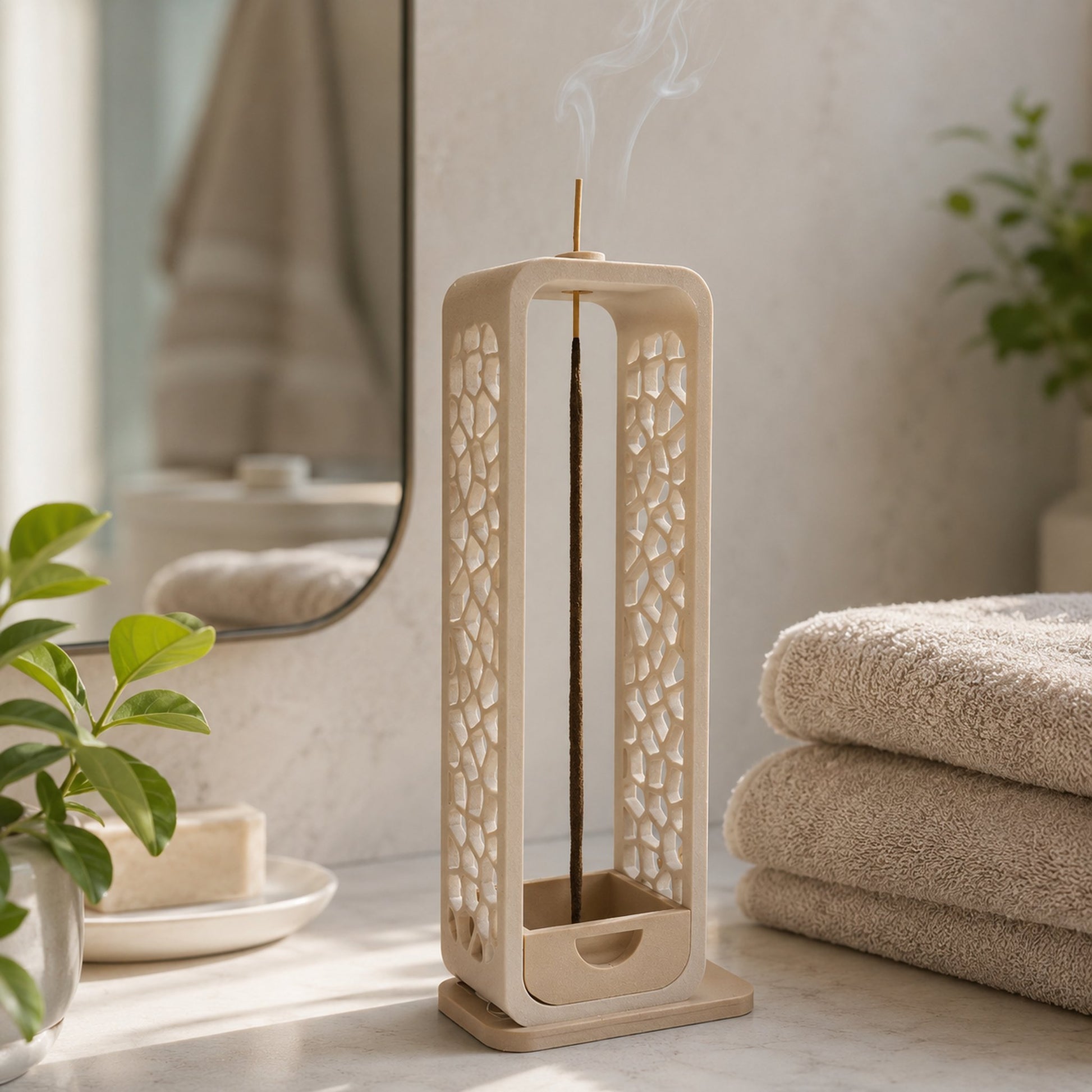 Porta-incenso bege em ambiente spa