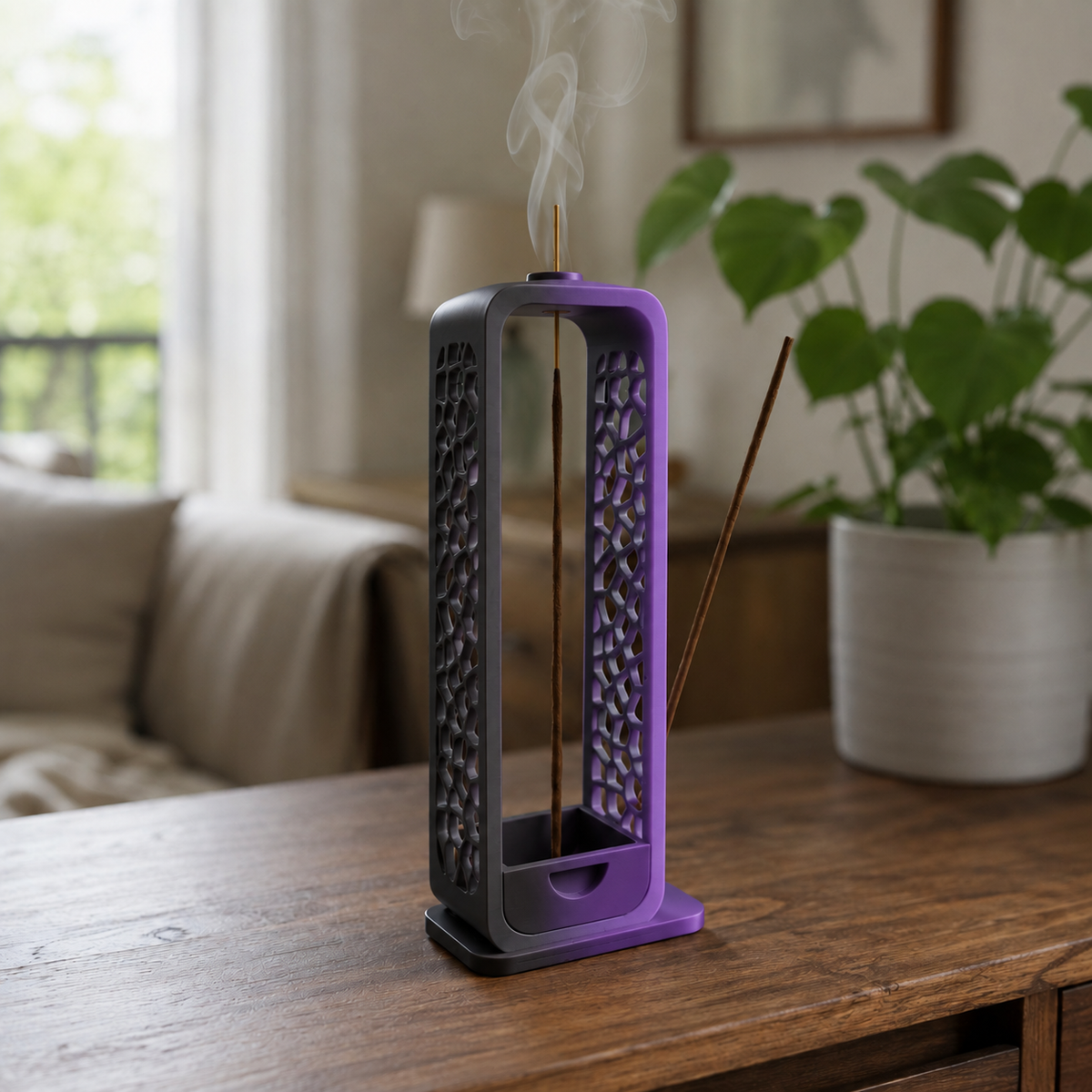 Voronoi — Preto e Roxo — Porta-incenso com coletor de cinzas