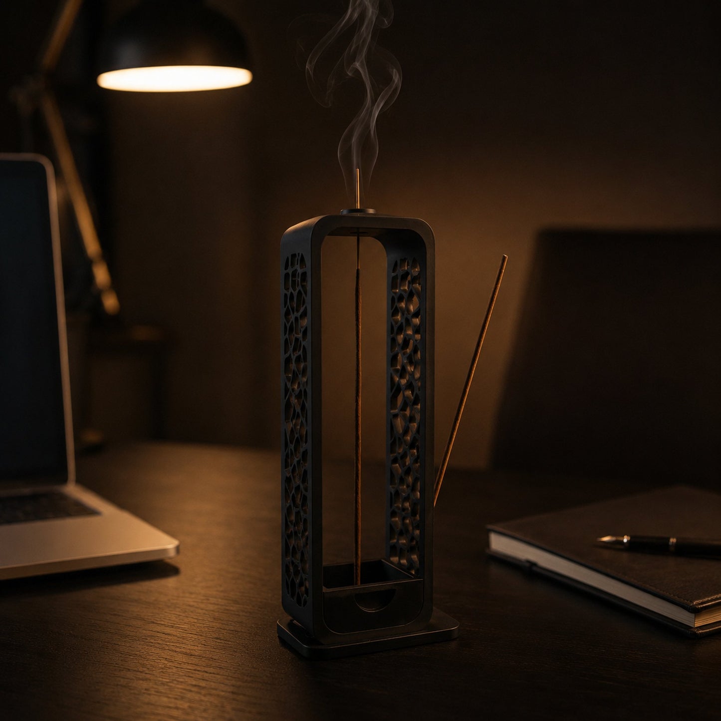 Porta-incenso preto em escritório minimalista