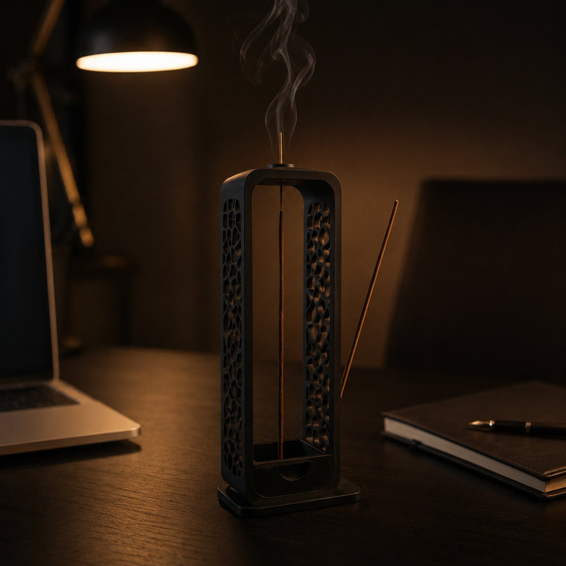 Porta-incenso preto em escritório minimalista