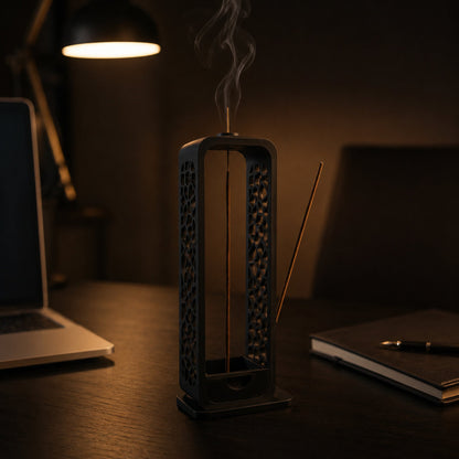 Porta-incenso preto em escritório minimalista