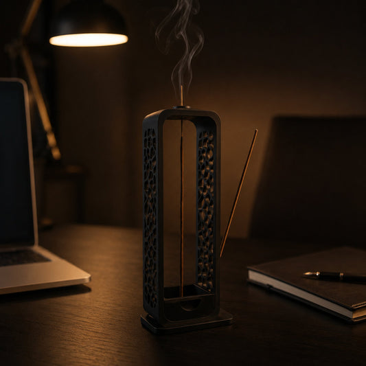 Porta-incenso preto em escritório minimalista