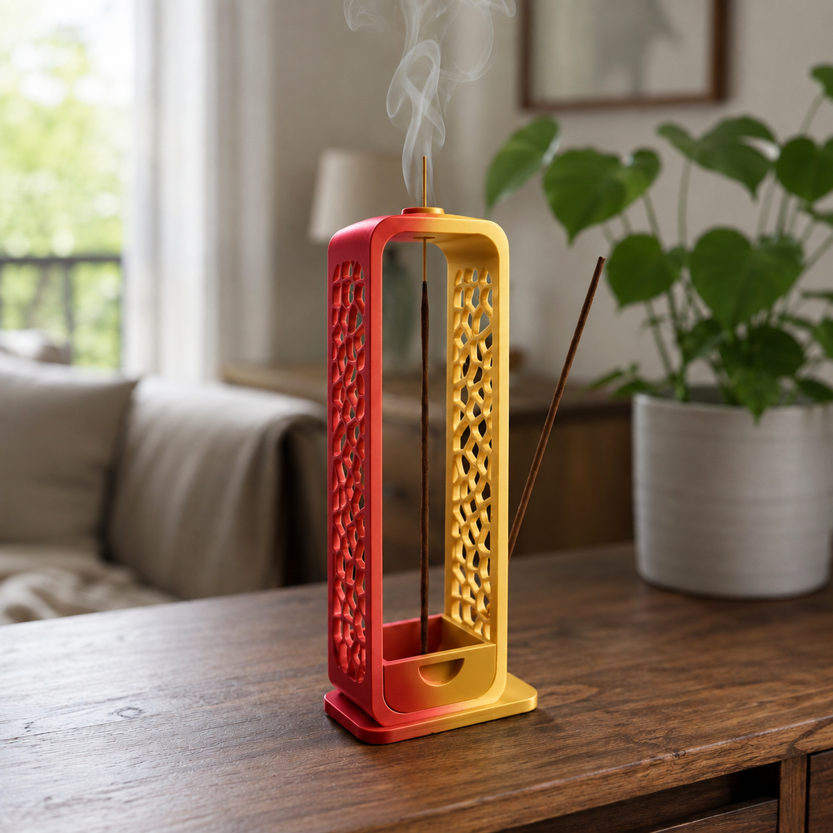 Voronoi — Vermelho e Dourado — Porta-incenso com coletor de cinzas