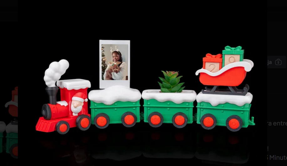 Expresso Encantado de Natal com locomotiva vermelha, vagões verdes e trenó de presentes