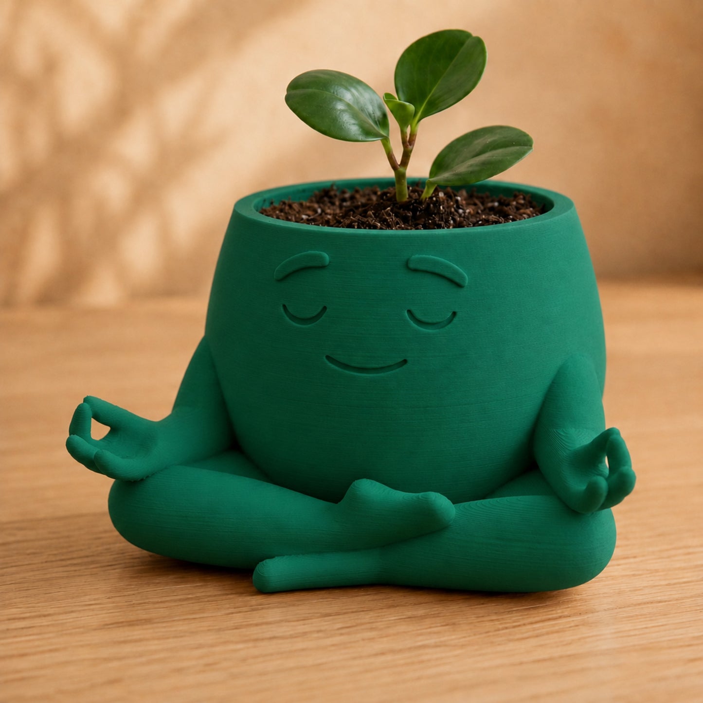 Vaso amiguinho meditando em posição de lótus, com carinha serena, na cor verde escura