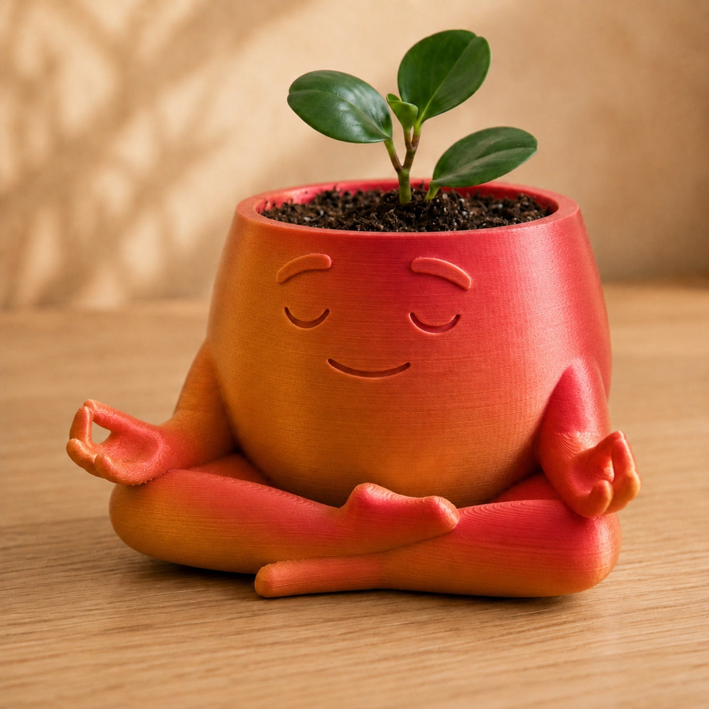 Vaso amiguinho meditando em posição de lótus, com carinha serena, na cor vermelha e dourada